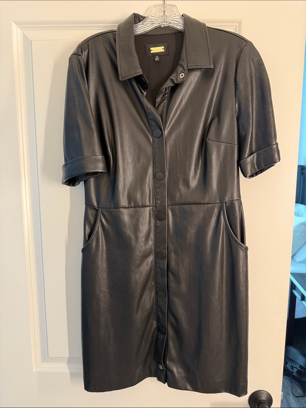 Black Faux Leather Short Sleeve Button-Front Coat